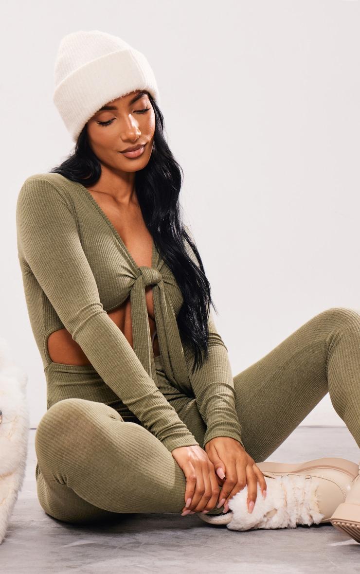 Khaki Ribbed Wrap Tie Long Sleeve Jumpsuit Product Image