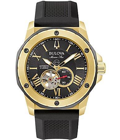 Men's Bulova Marine Star Gold-Tone Automatic Strap Watch with Black Skeleton Dial (Model: 98A272) Product Image