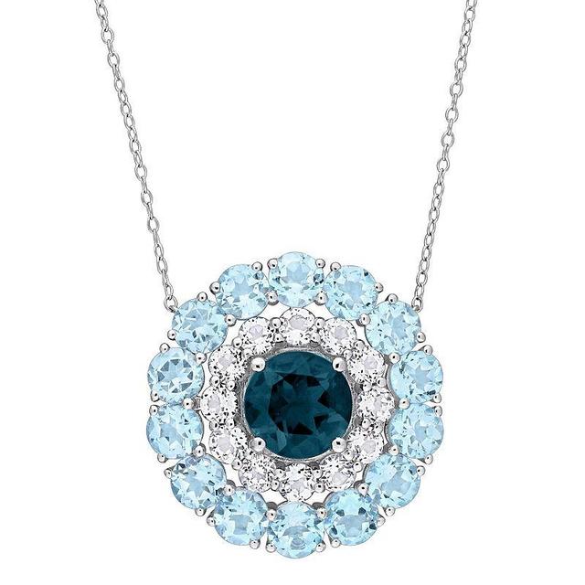 Stella Grace Sterling Silver Blue Topaz & White Topaz Double Halo Circle Pendant Necklace, Womens Product Image