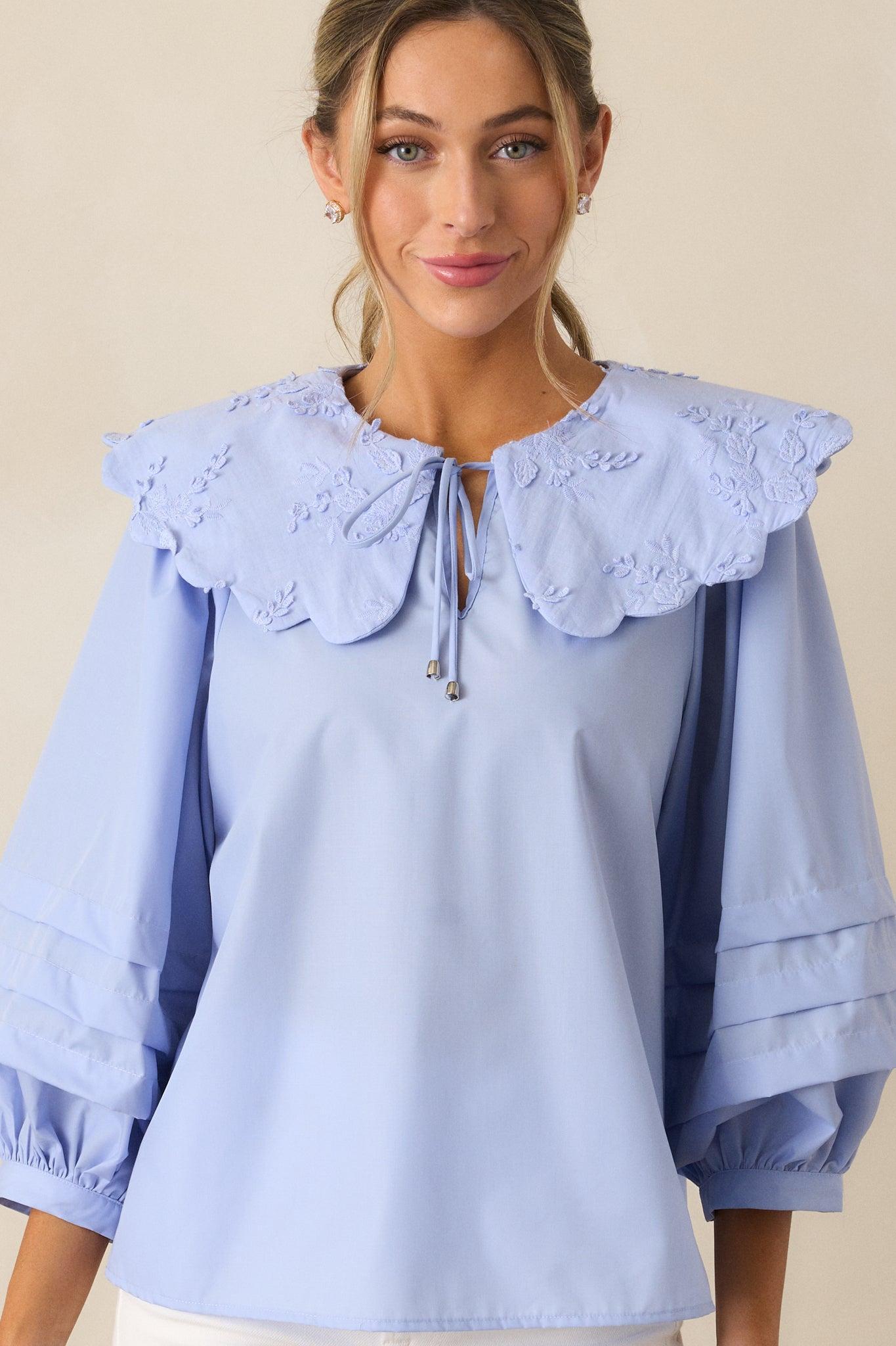 Walk With Me Sky Blue Floral Embroidered Blouse Product Image