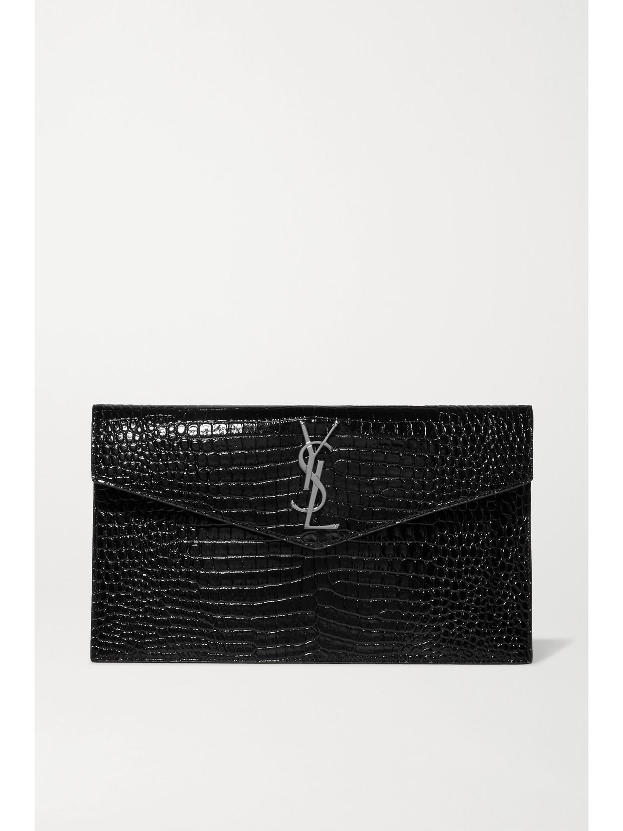 SAINT LAURENT Uptown Croc-effect Patent-leather Pouch In Black Product Image