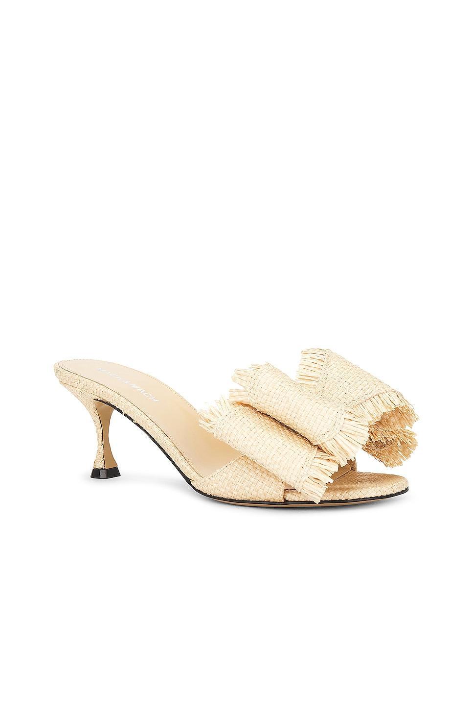 MACH & MACH Le Cadeau Raffia Kitten Heel Mule in Beige Product Image