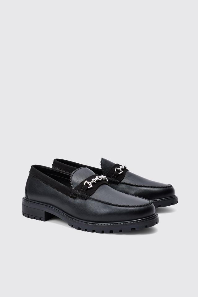 PU Loafer With Contrast Suede Panel In Black | boohooMAN USA Product Image