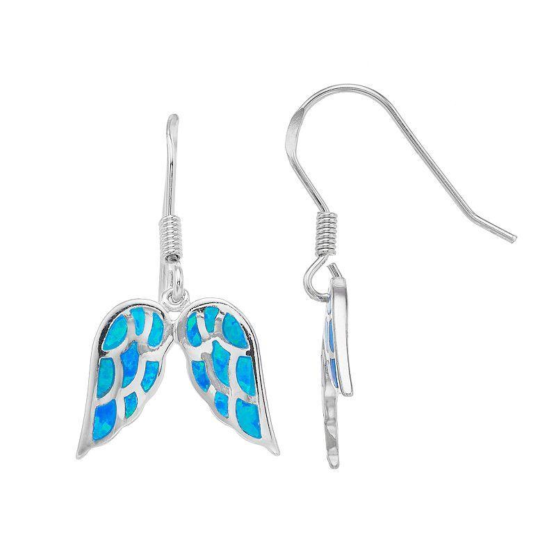 Sterling Silver Lab-Created Blue Opal Angel Wing Earrings, Womens Product Image