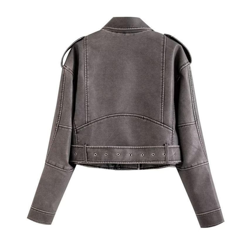 Collared Washed Faux Leather Zip Biker Jacket Product Image