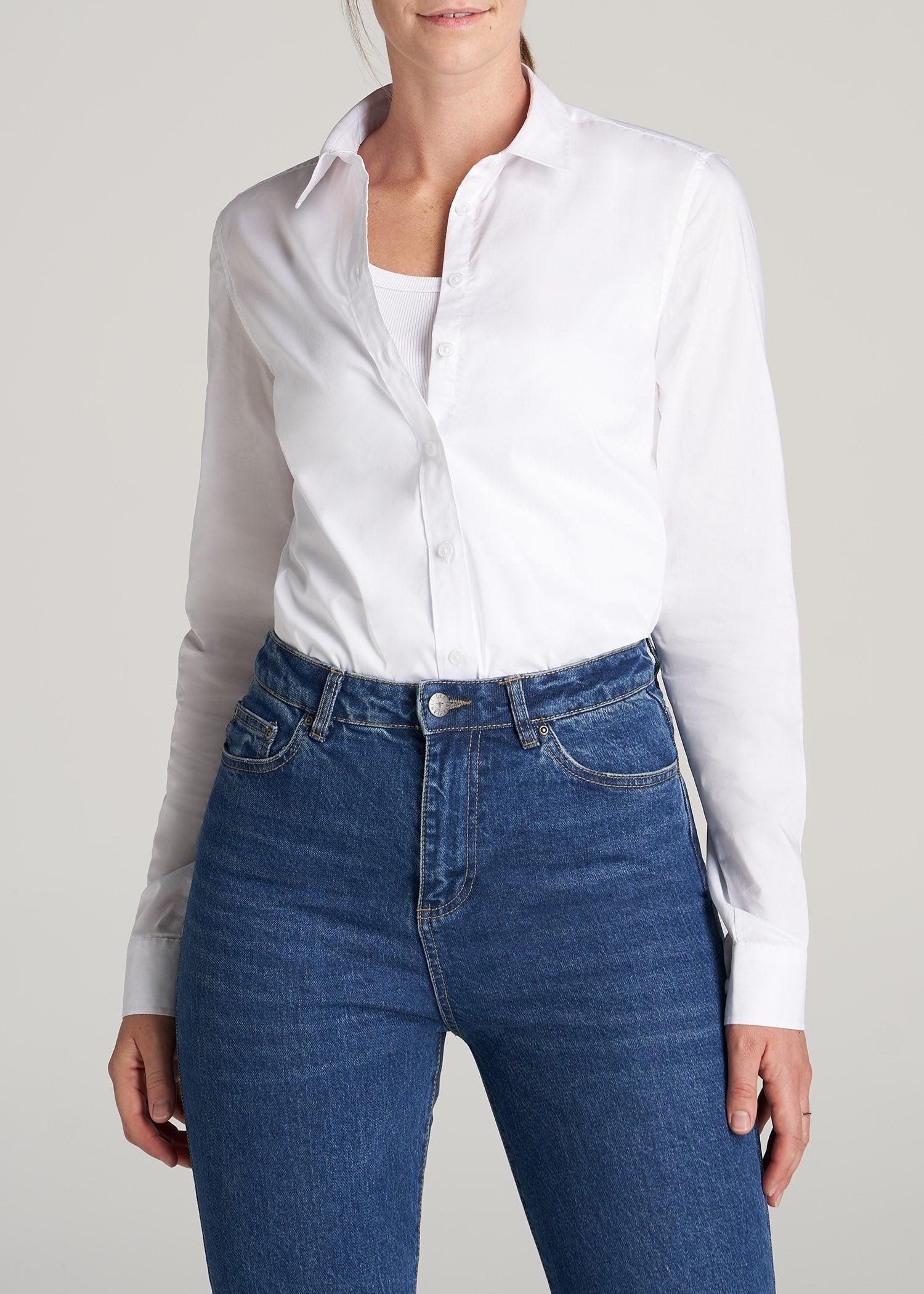 Button-Up Dress Shirt for Tall Women in White Female Product Image