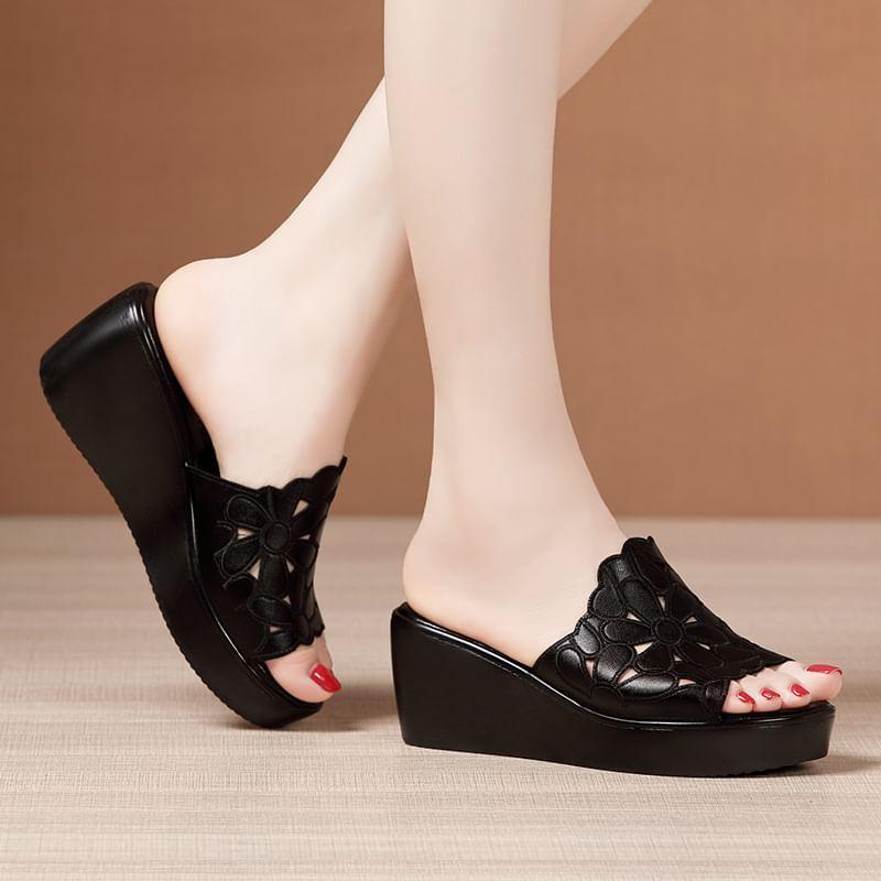 Platform Wedge Heel Plain Perforated Faux Leather Slide Sandals Product Image