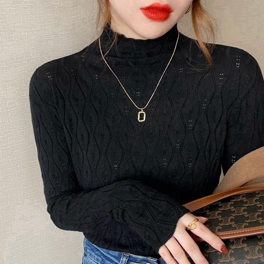 Long-Sleeve Mock Neck Plain Knit Top Product Image