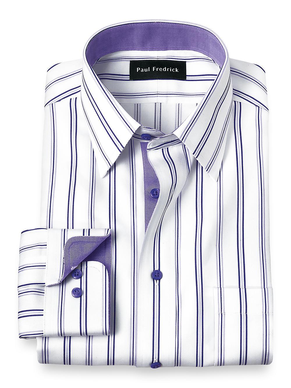 Non-Iron Cotton Stripe Dress Shirt With Contrast Trim - Purple Product Image