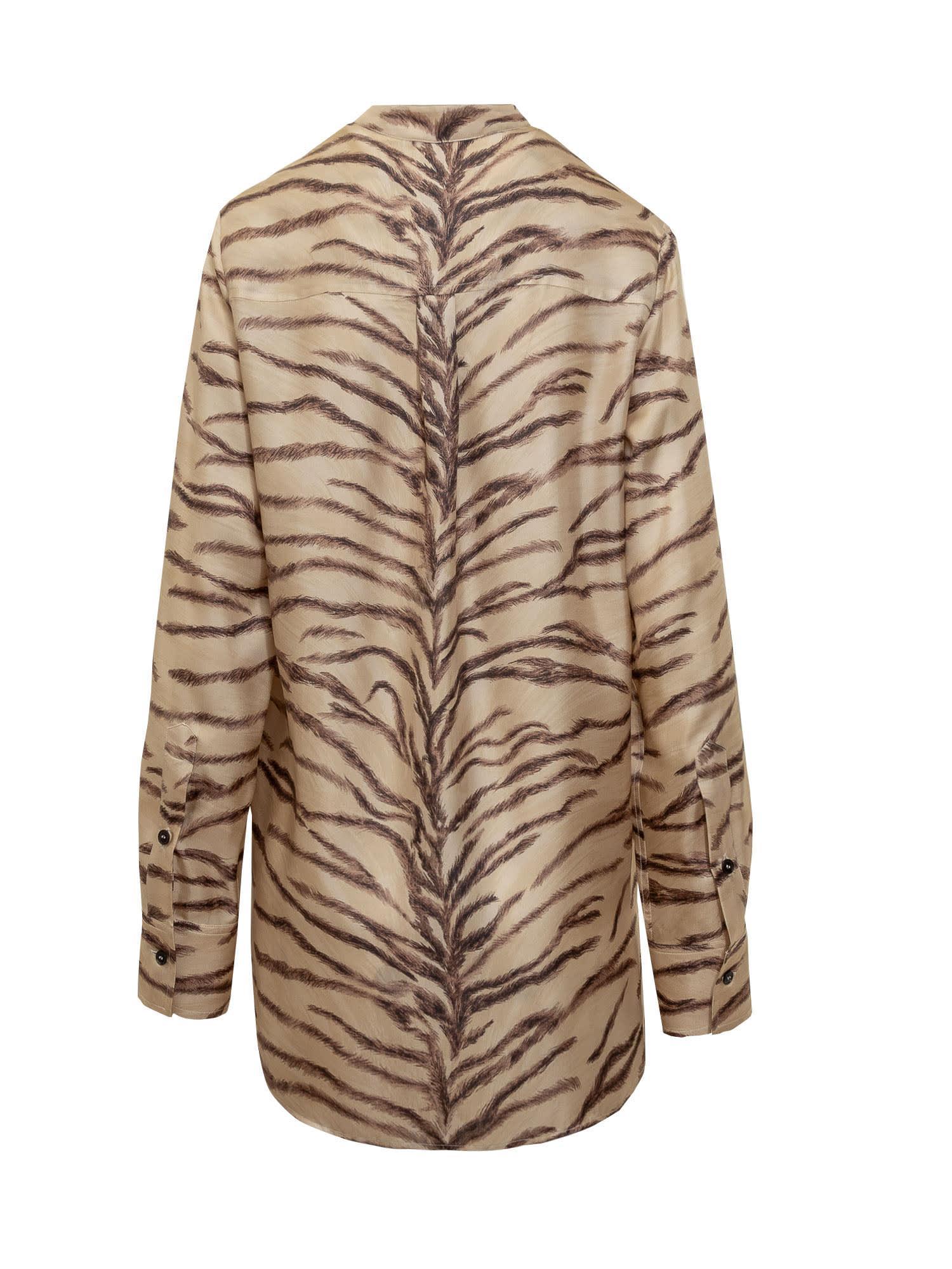 Tiger-print Silk Pajama Shirt In Beige Product Image