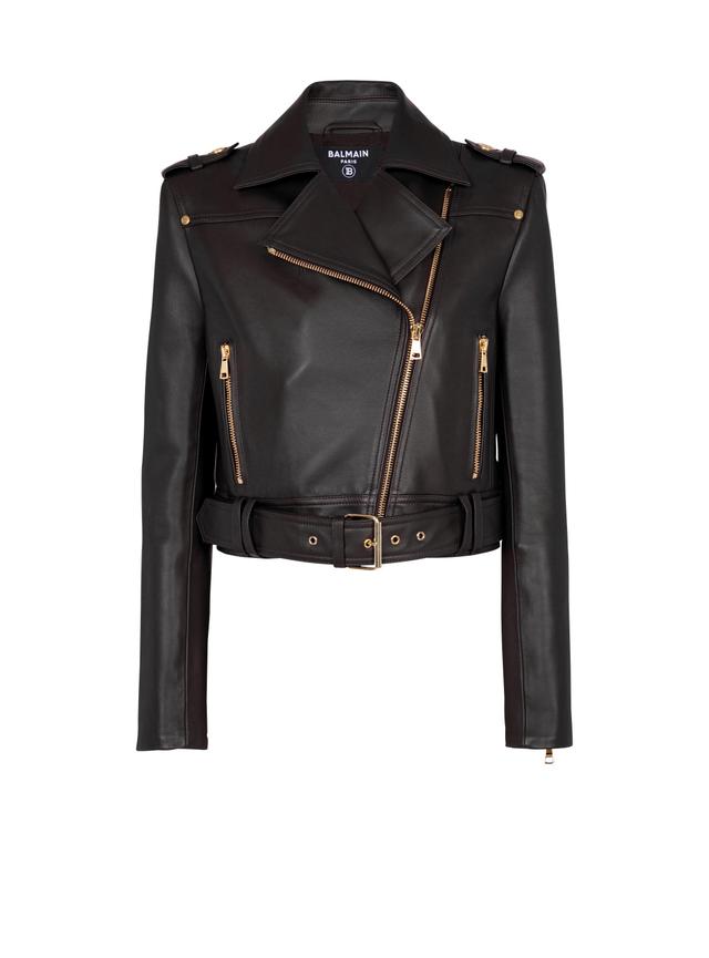 Short leather biker jacket Product Image