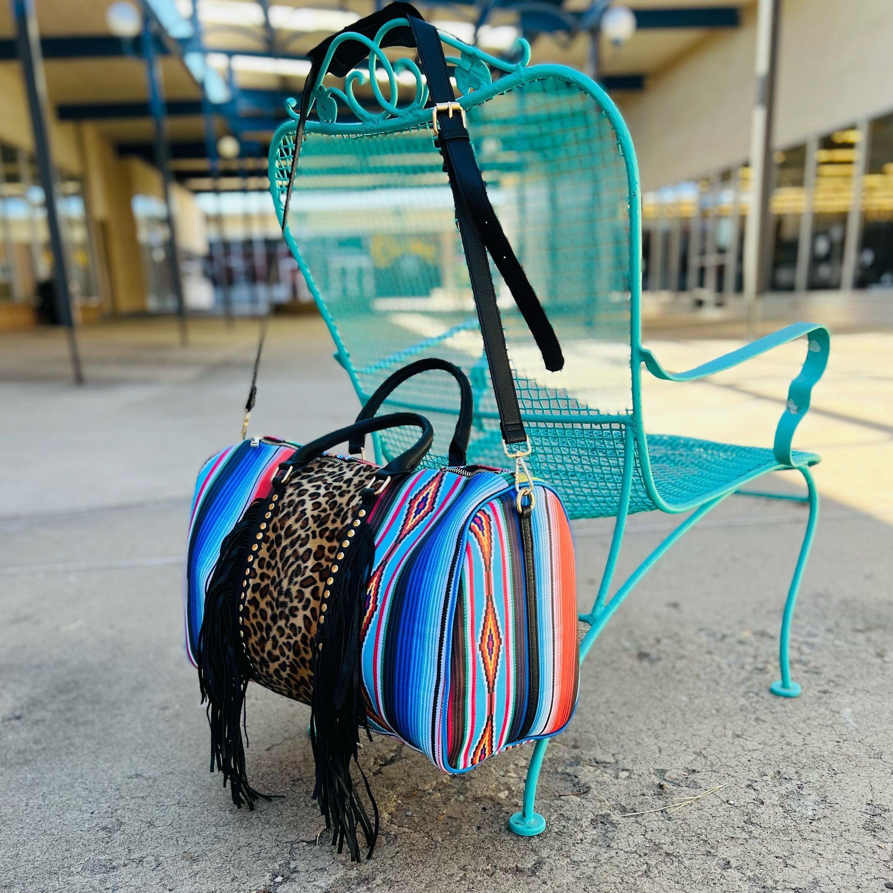 Large Serape/Aztec Fringed Duffle Bag with Leopard Detail Product Image