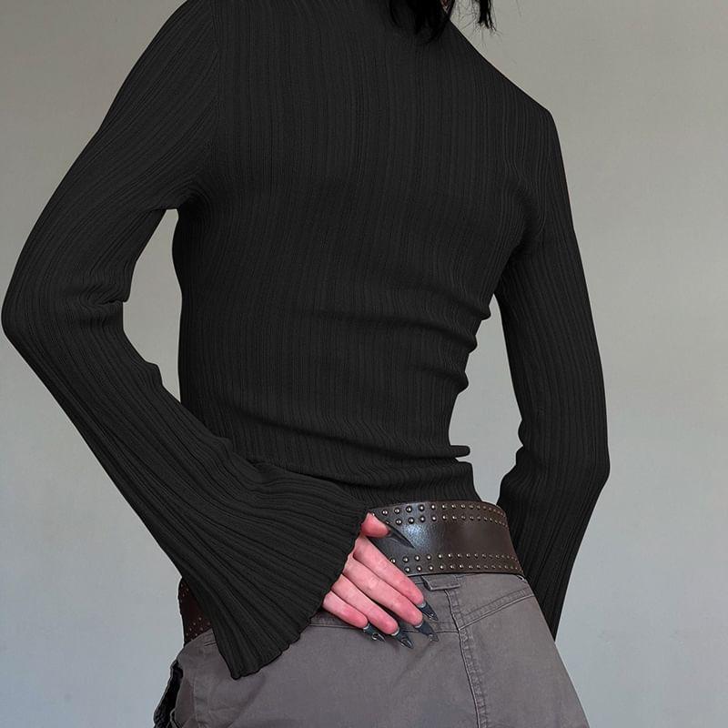 Long Sleeve Mock Neck Plain Ruffle Trim Ribbed Knit Crop Top Product Image