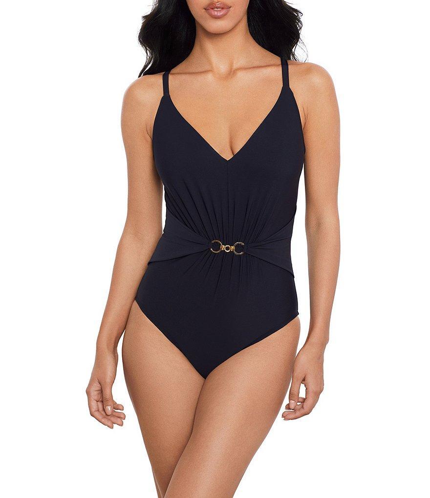 Magicsuit Gianna Solid Plunge Neck Gold Chain Link Underwire One Piece Swimsuit Product Image