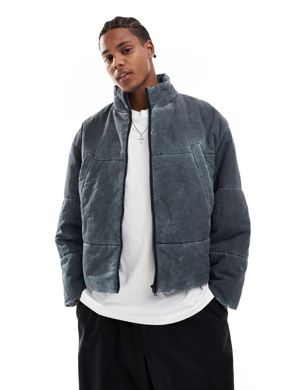 ASOS DESIGN oversized puffer jacket in gray wash Product Image