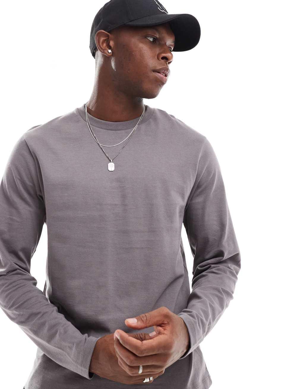 ASOS DESIGN essential long sleeve crew neck T-shirt in charcoal Product Image