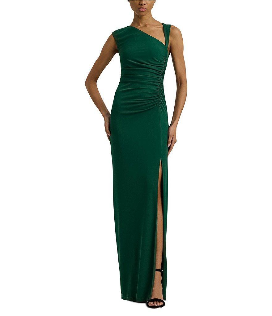 Lauren Ralph Lauren Stretch Jersey Asymmetrical Neck Sleeveless Ruched Gown Product Image