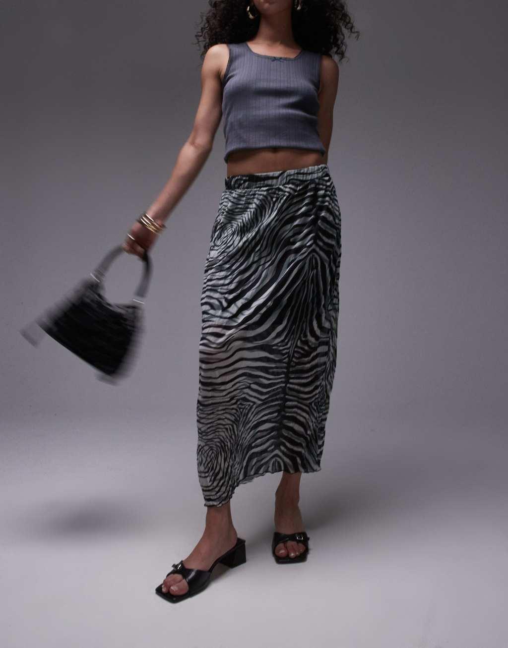 Topshop crinkle midi skirt in abstract print in mono Product Image