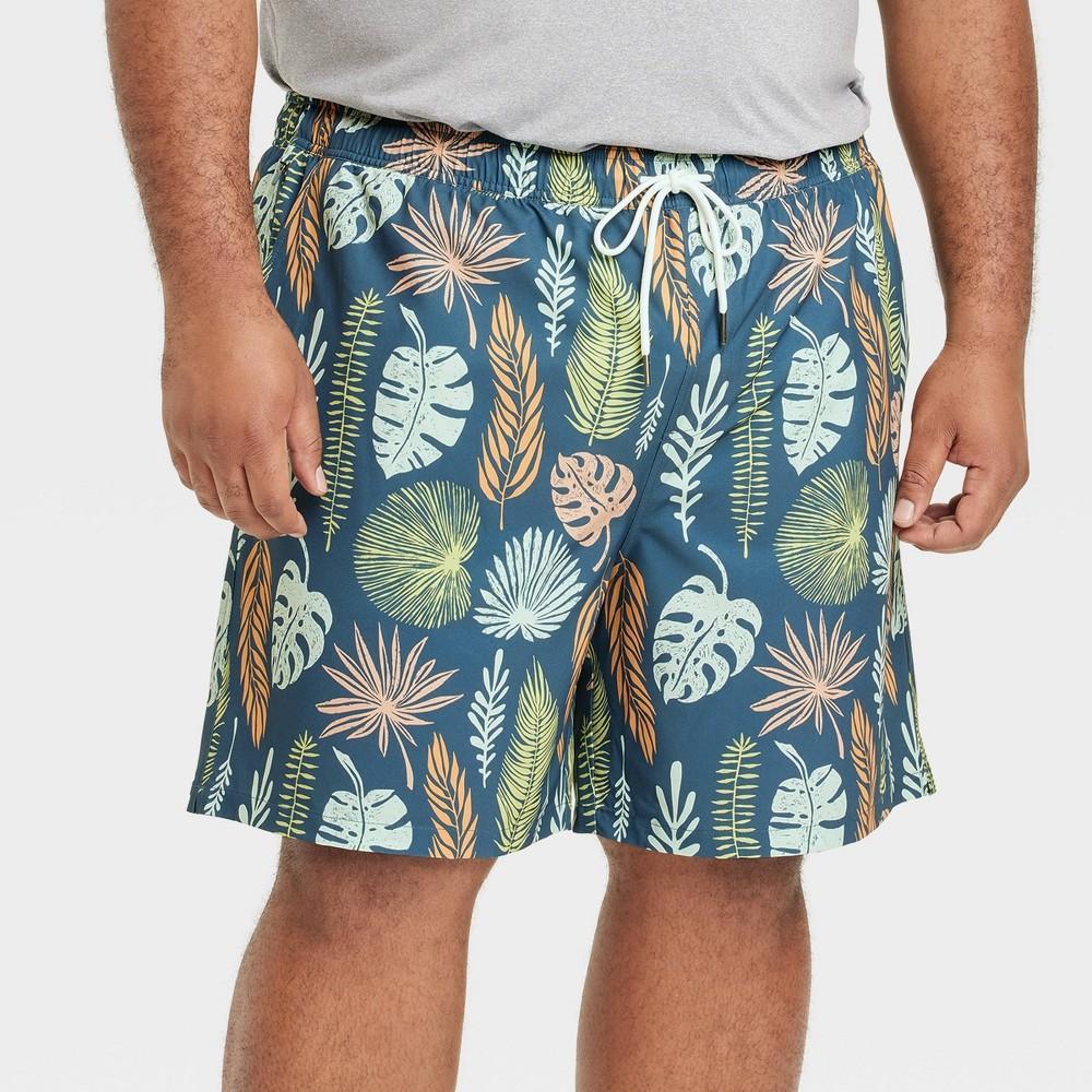 Mens Big & Tall 7 Leaf Print Elevated Elastic Waist Swim Shorts with Boxer Brief Liner - Goodfellow & Co Blue 4XL Product Image