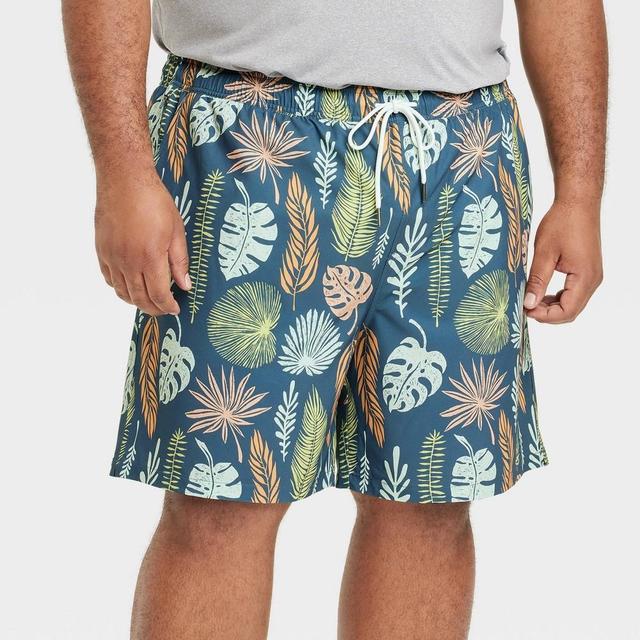 Mens Big & Tall 7 Leaf Print Elevated Elastic Waist Swim Shorts with Boxer Brief Liner - Goodfellow & Co Blue 4XL Product Image