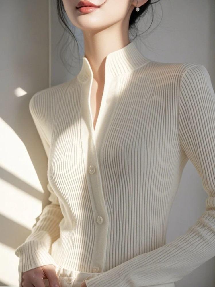 Mock Neck Button-Up Plain Cardigan Product Image