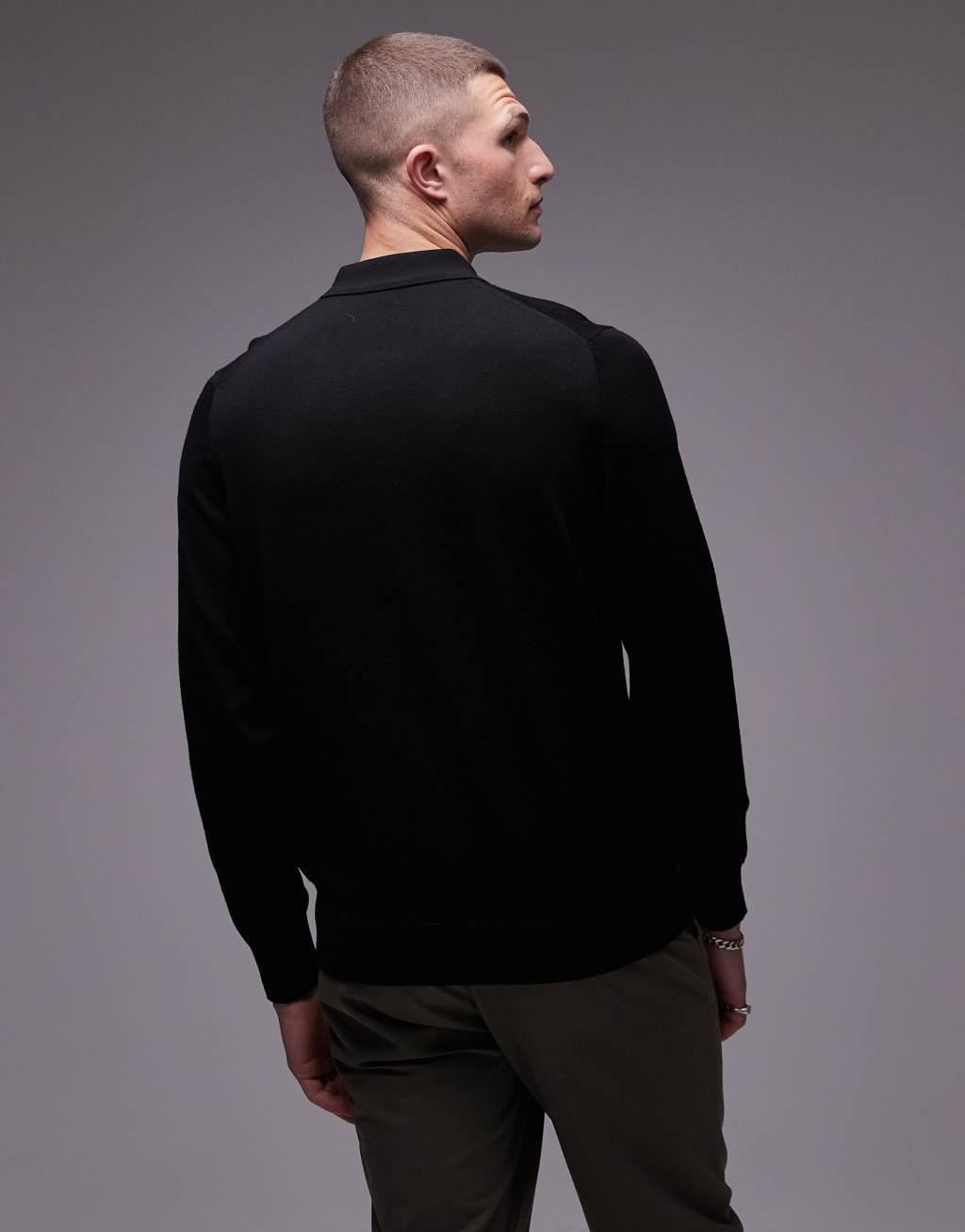 ARKET merino wool knit long sleeve polo shirt in black Product Image