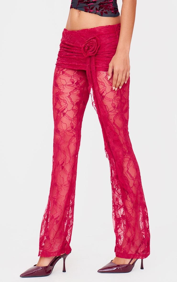 Burgundy Corsage Detail Straight Leg Lace Pants Product Image