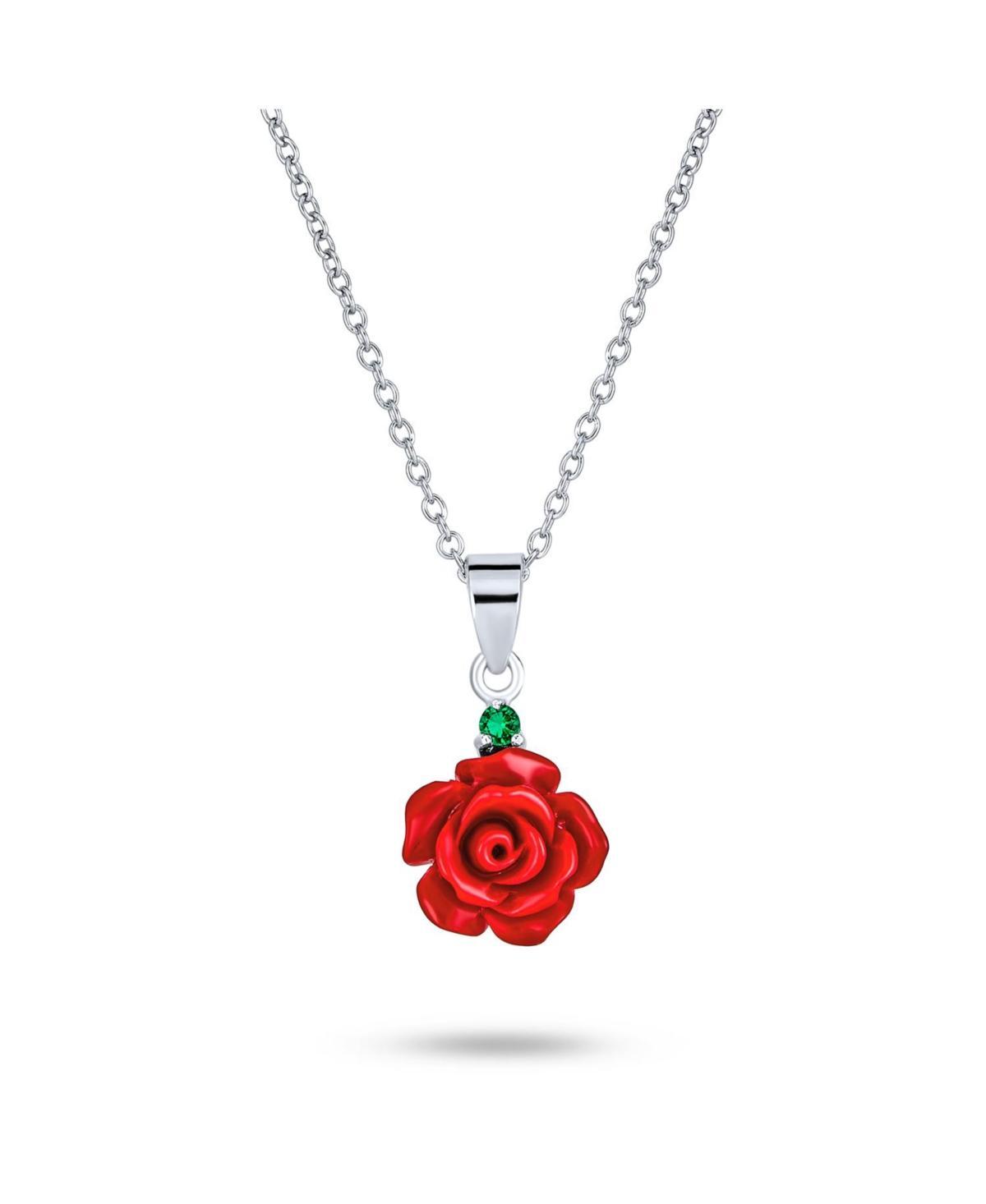 Romantic Delicate Floral Blooming 3D Red Rose Flower Green Cz Accent Pendant Necklace For Women For Teen .925 Sterling Silver Product Image