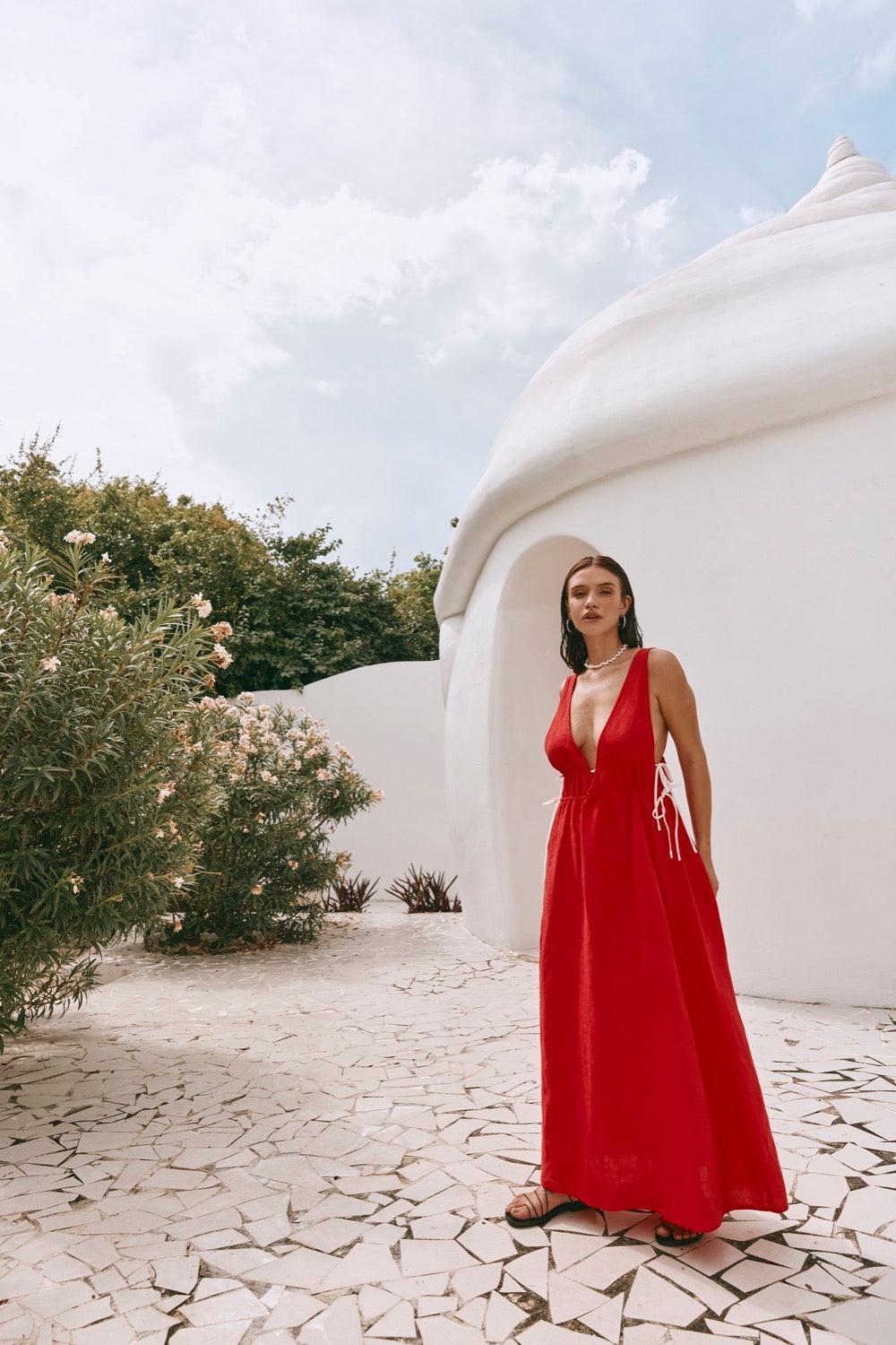 Paros Palms Linen Midi Dress Red Product Image