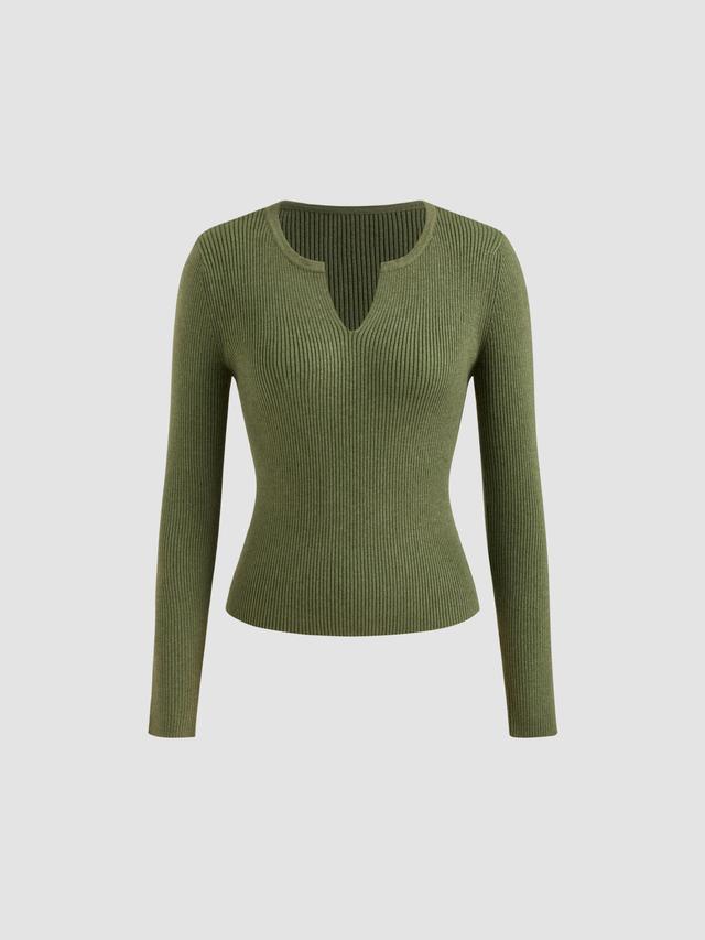 Knitted V-neck Solid Long Sleeve Top Product Image