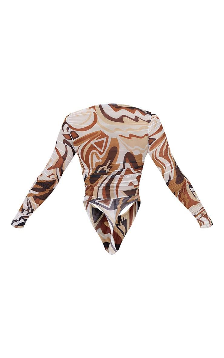 Chocolate Abstract Print Mesh Ruched Cross Over Bodysuit Product Image