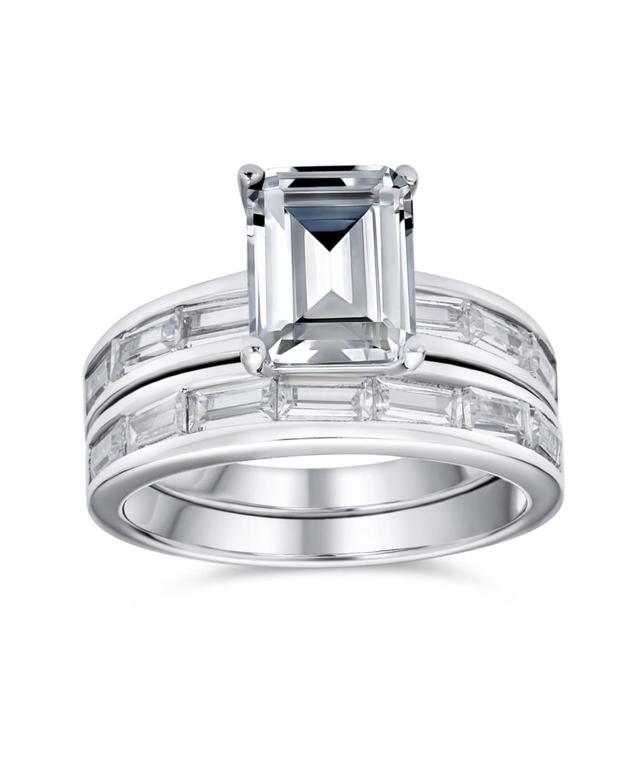 Bling Jewelry Personalize Art Deco Style 2CT Emerald Cut Baguette Wedding Band Aaa Cz Anniversary Engagement Ring Set For Women .925 Sterling Silver C Product Image