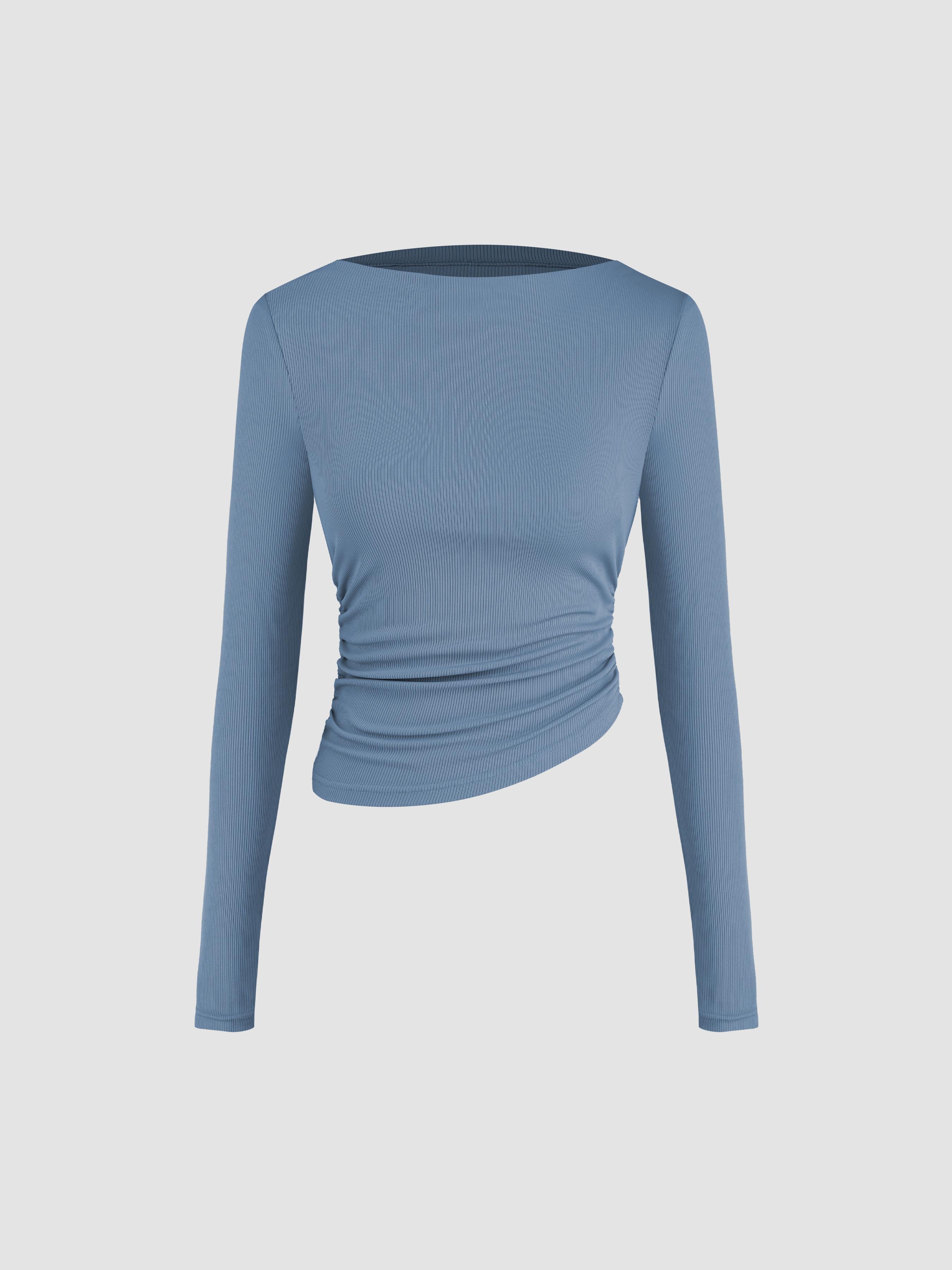 Asymmetrical Neck Ruched Long Sleeve Tee Product Image