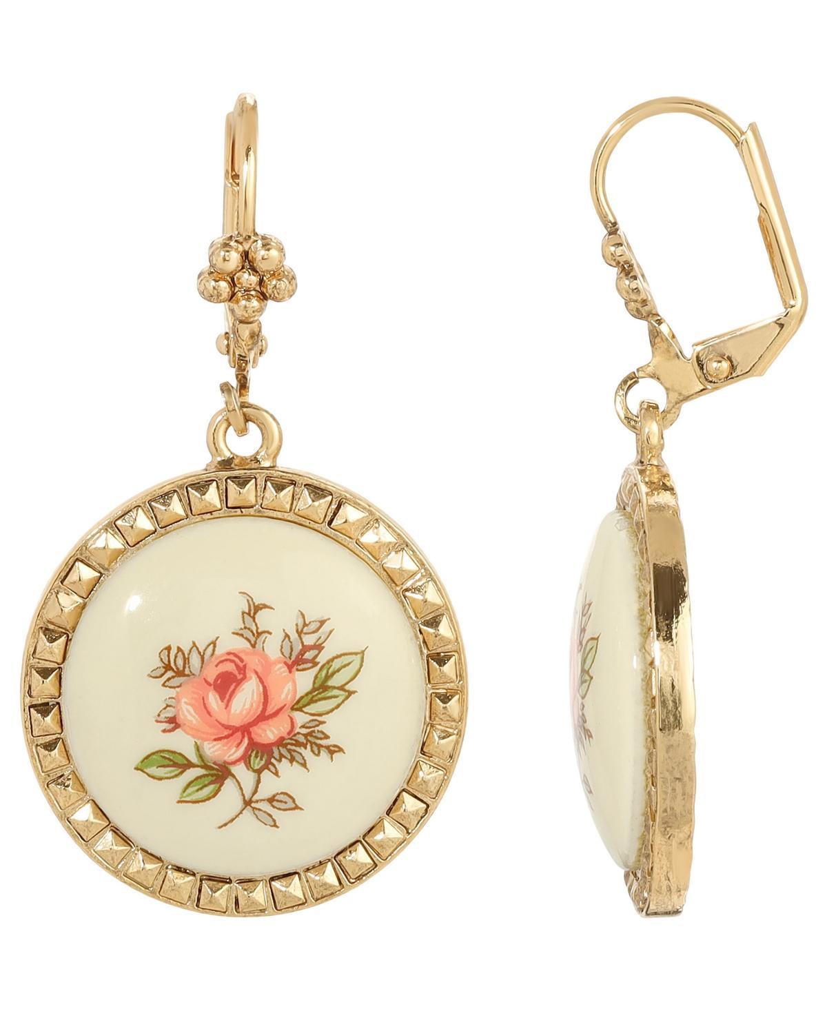 1928 Flower Enamel Round Drop Earrings, Womens, Pink Product Image