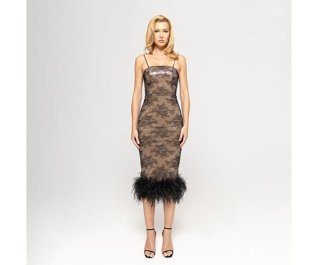 Nissa Womens Feather-Trimmed Sequined Midi Dress Product Image