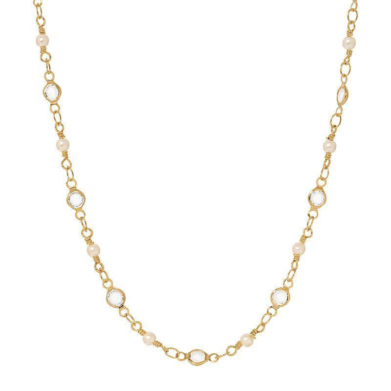 1928 14k Gold Tone Channel Set Crystal Faux Pearl Beads Necklace, Womens, White Product Image