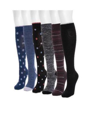 Muk Luks Womens 6 Pack Nylon Compression Knee-High Socks - Ebony/burgundy Product Image