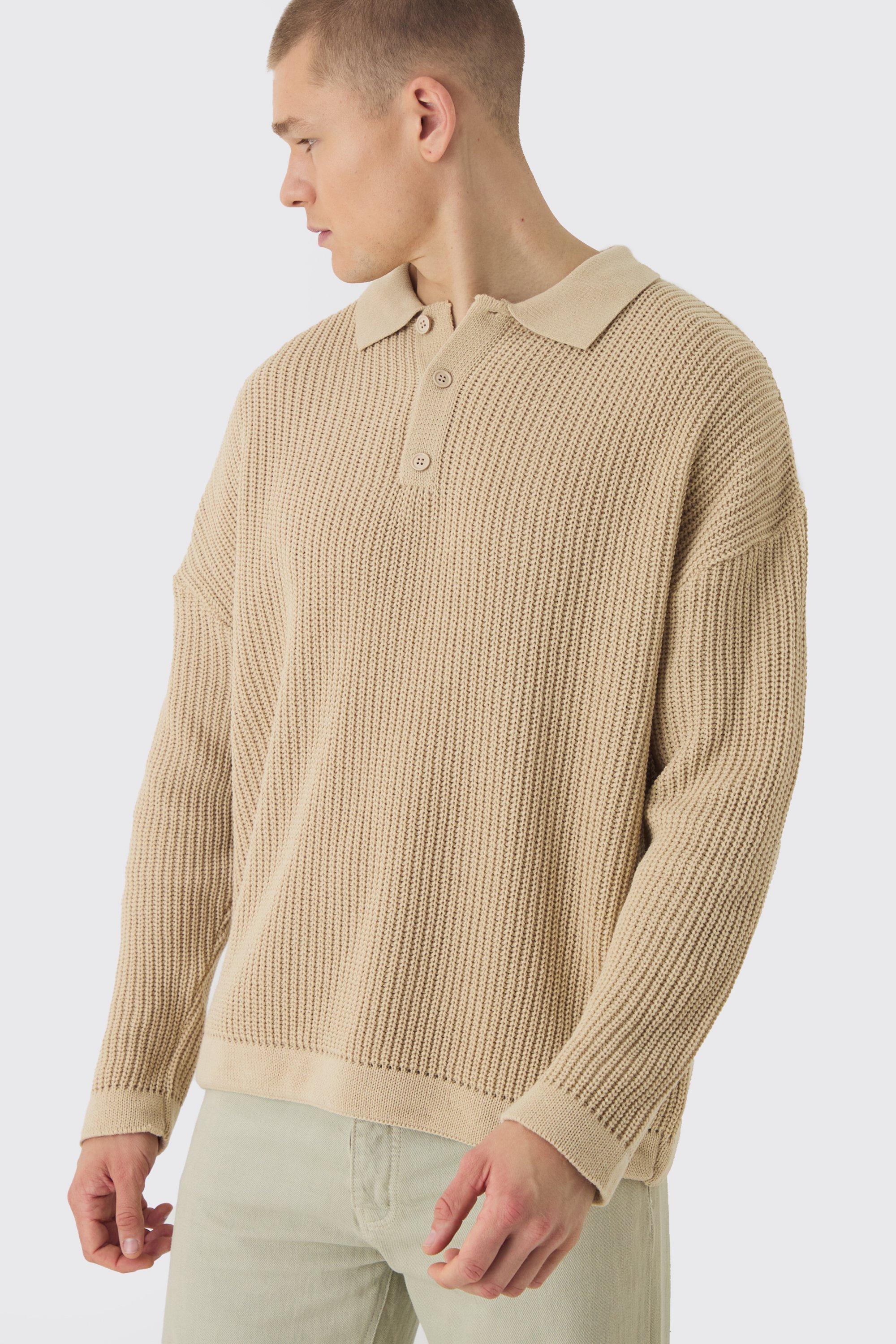 Oversized Boxy Chunky Knit Polo Sweater | boohooMAN USA Product Image