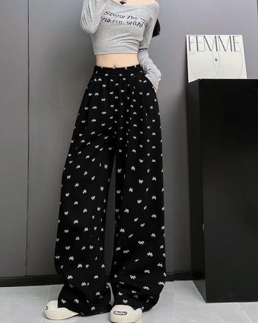 Bow Print High Waist Wide Leg Sweatpants Product Image