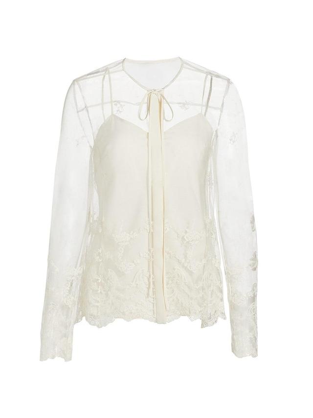 Womens Embroidered Tulle Tieneck Blouse Product Image