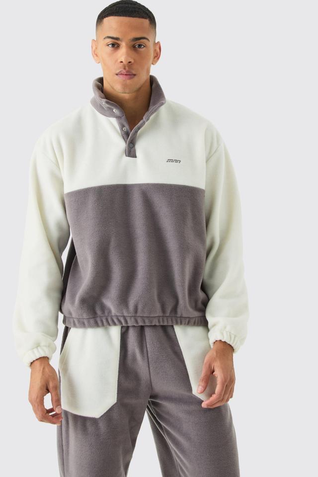 Man Oversized Popper Neck Colour Block Fleece Tracksuit | boohooMAN USA Product Image