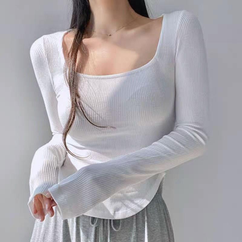 Long Sleeve Square Neck Plain T-Shirt Product Image