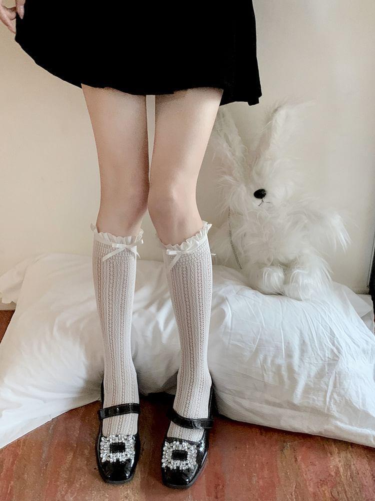 Plain Ruffle Lace Trim Bow Socks Product Image