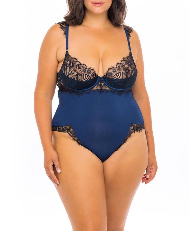 Plus Size Viscose Jersey and Eyelash Lace Molded Shelf Cup Lingerie Teddy with Front and Back High Leg Slits and Eyelash Lace Trimming - Estate Blue, Product Image