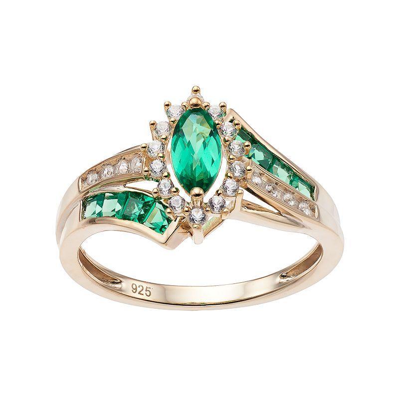 14k Gold Over Silver Lab-Created Emerald & White Sapphire Marquise Halo Ring, Womens Gold Tone Product Image