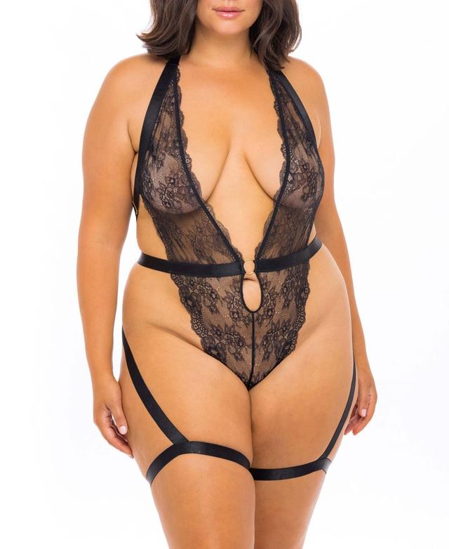 Plus Size V-Neckline High Leg Teddy with Halterneck and Adjustable Garter Stays, 2pc Lingerie Set - Black Product Image