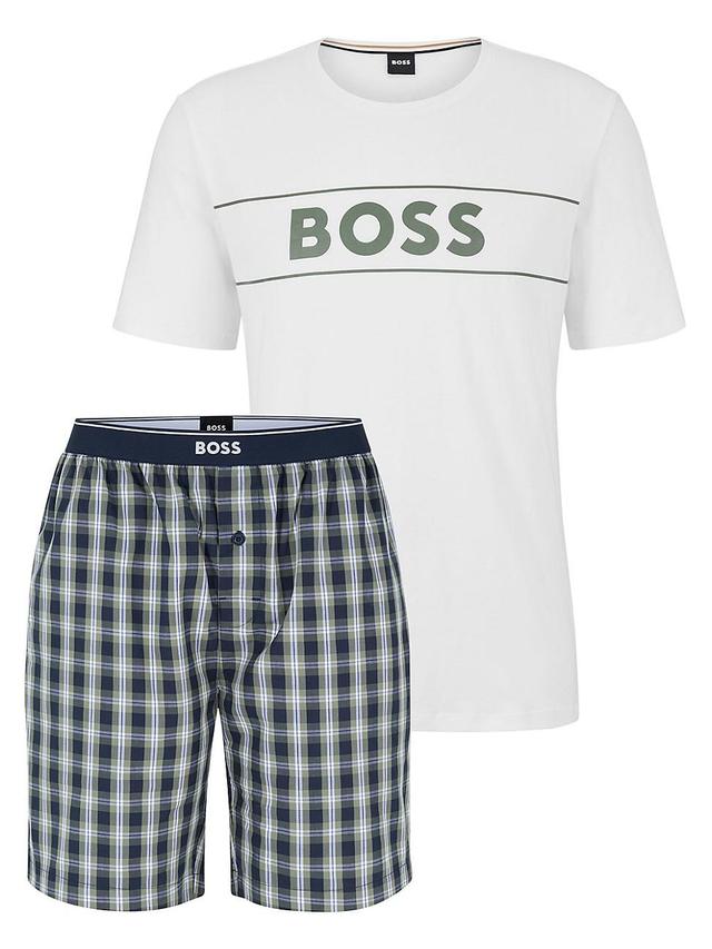 Mens Cotton Pajamas With Branded T-Shirt And Checked Shorts Product Image