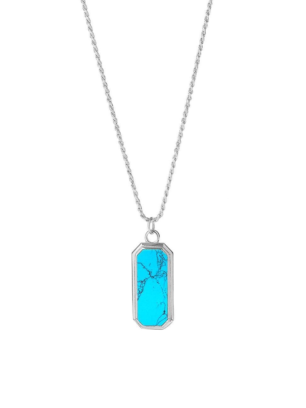 Mens Sterling Silver & Turquoise Frame Pendant Necklace Product Image