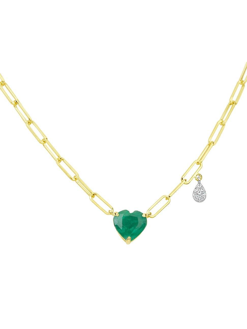 Womens Two-Tone 14K Gold, Emerald, & 0.02 TCW Diamond Heart Pendant Necklace Product Image