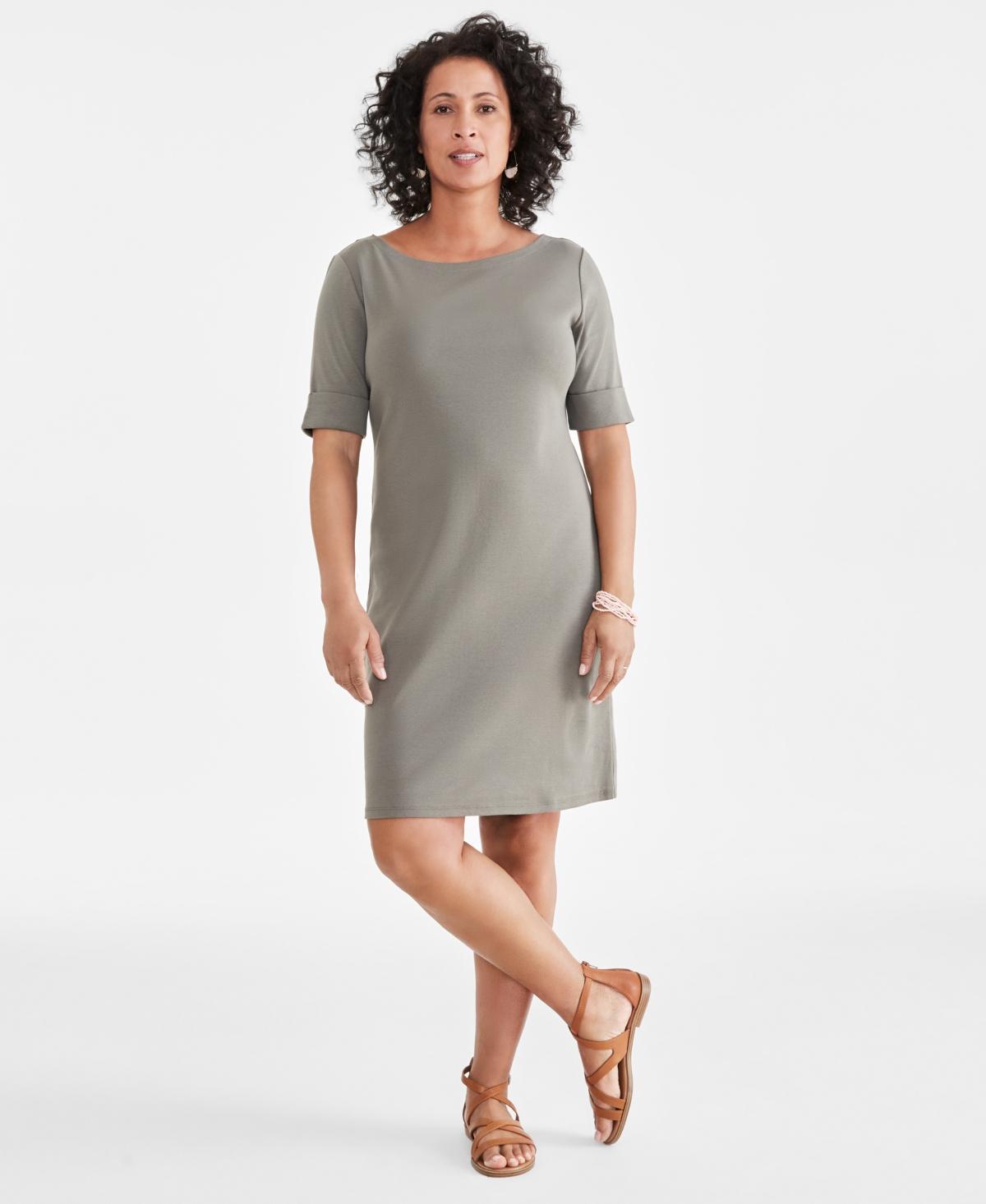 Women's Cotton Boat-Neck Elbow-Sleeve Dress, Created for Macy's Product Image